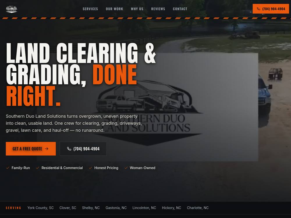 The Southern Duo Land Solutions homepage: Land clearing & grading, done right